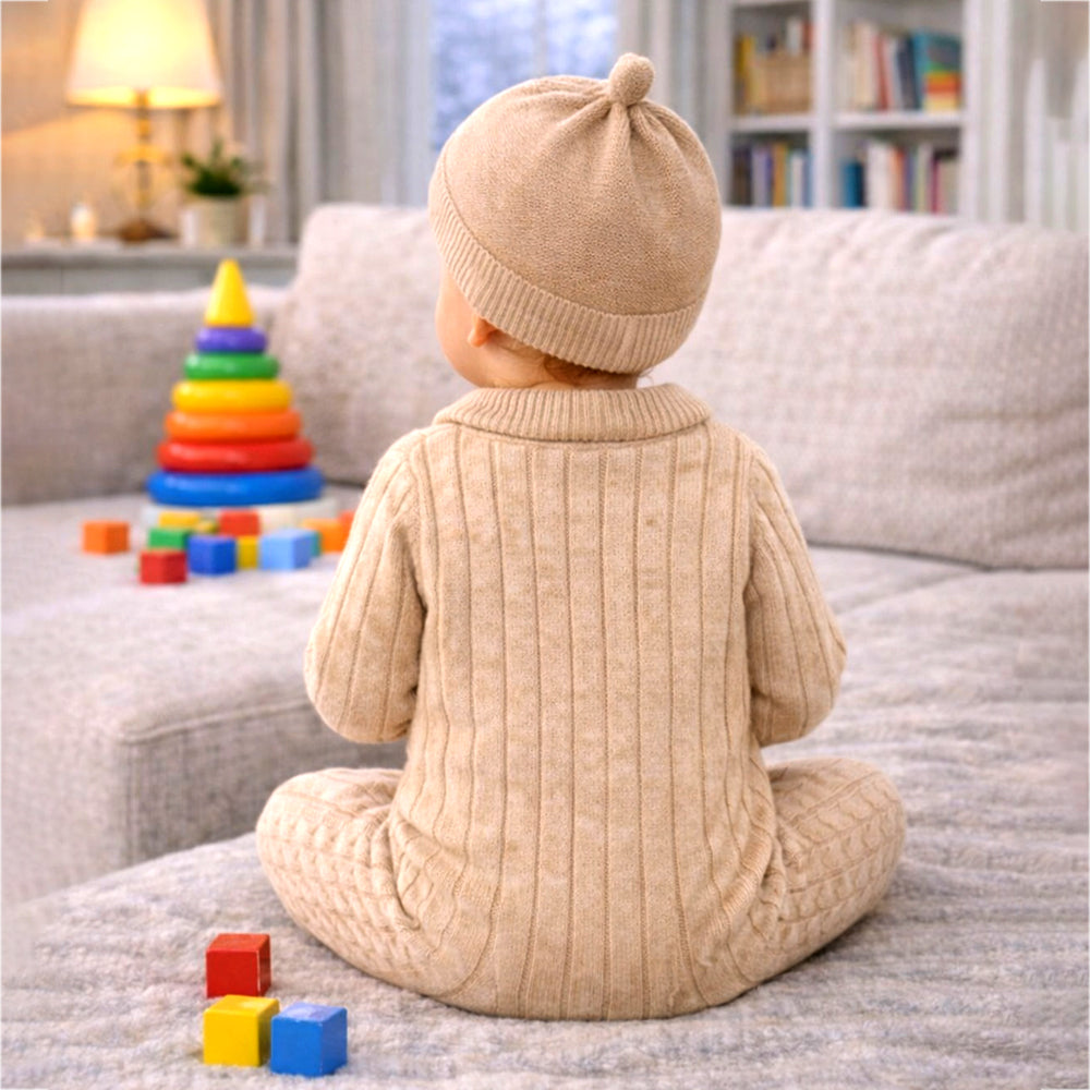 Beige Pattern knitted Full-Sleeve Jumpsuit Romper with Cap