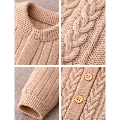 Beige Pattern knitted Full-Sleeve Jumpsuit Romper with Cap