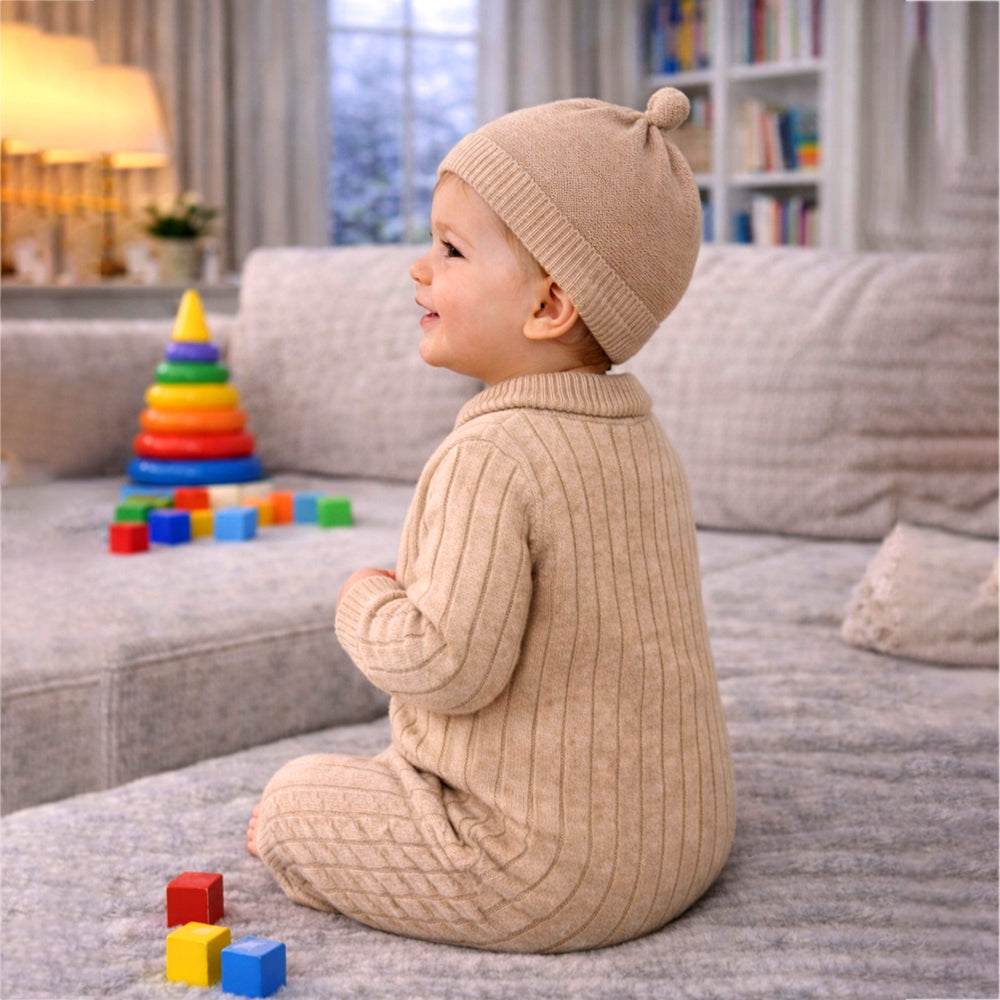 Beige Pattern knitted Full-Sleeve Jumpsuit Romper with Cap