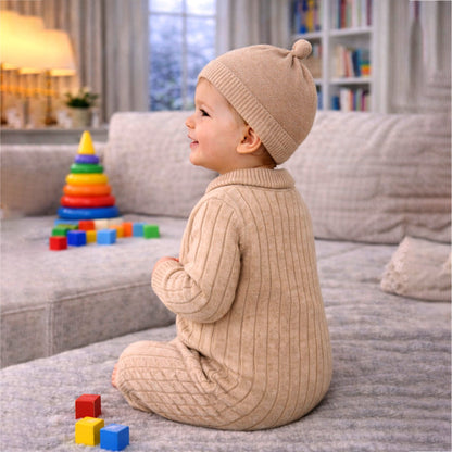 Beige Pattern knitted Full-Sleeve Jumpsuit Romper with Cap