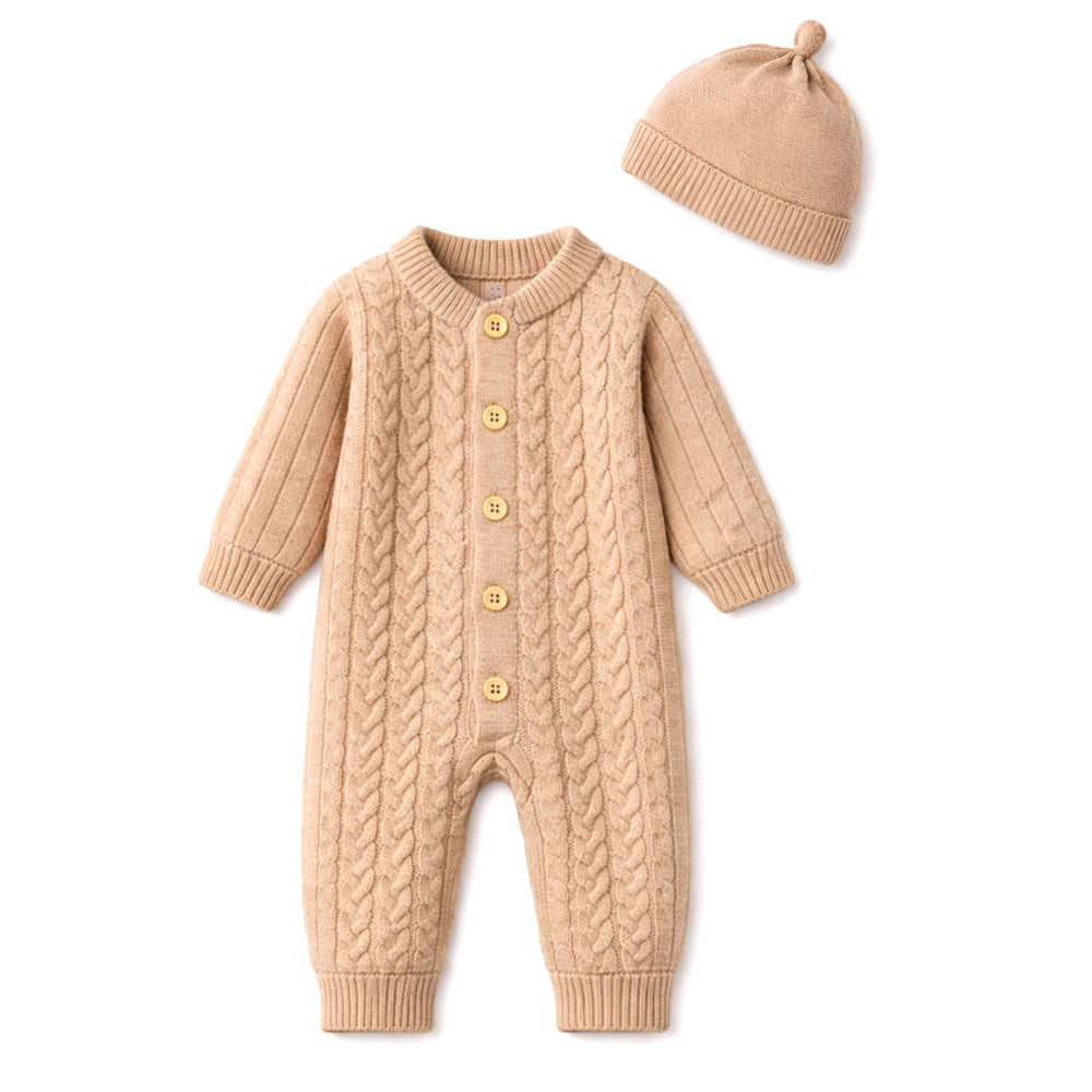 Beige Pattern knitted Full-Sleeve Jumpsuit Romper with Cap