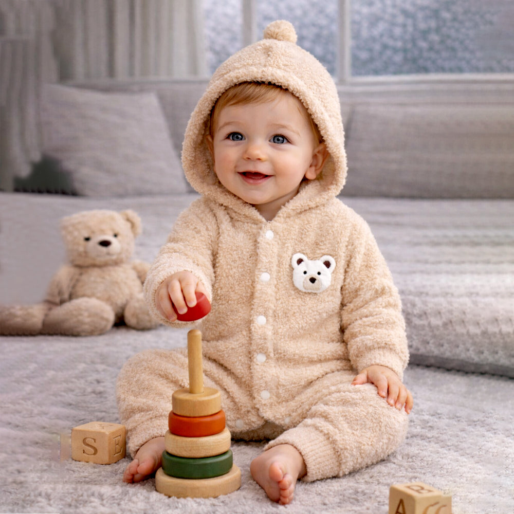 Beige Furry Teddy Full-Sleeve Jumpsuit Winter Romper