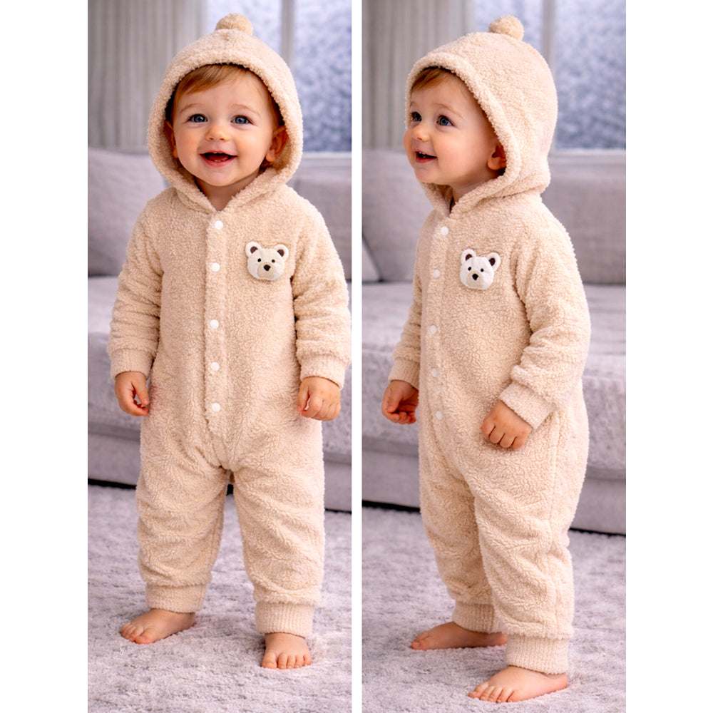 Beige Furry Teddy Full-Sleeve Jumpsuit Winter Romper