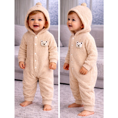 Beige Furry Teddy Full-Sleeve Jumpsuit Winter Romper