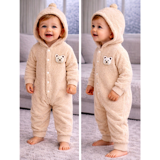 Beige Furry Teddy Full-Sleeve Jumpsuit Winter Romper