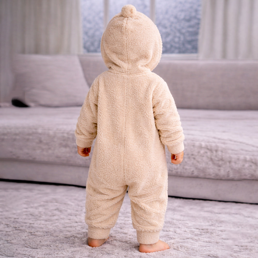 Beige Furry Teddy Full-Sleeve Jumpsuit Winter Romper