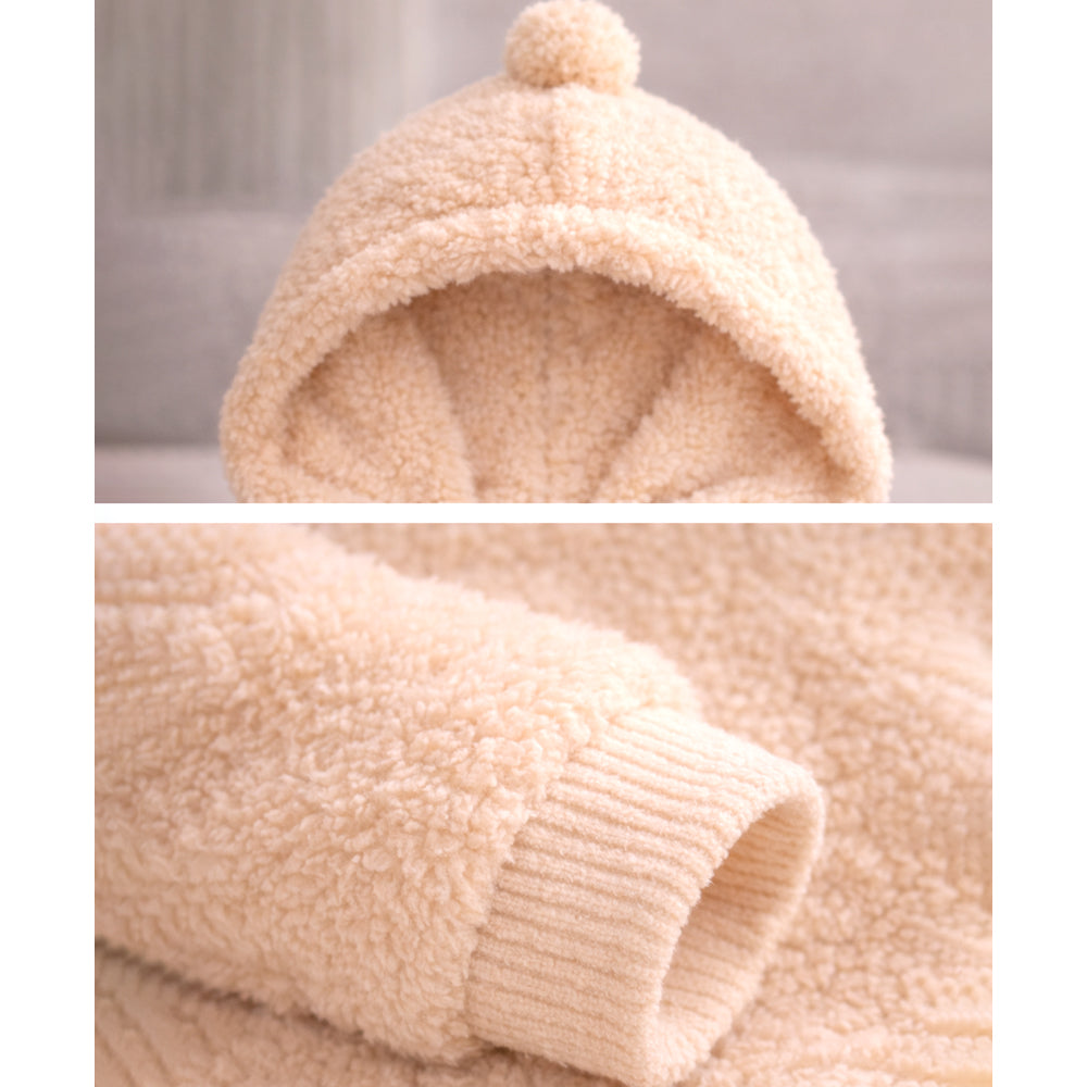 Beige Furry Teddy Full-Sleeve Jumpsuit Winter Romper