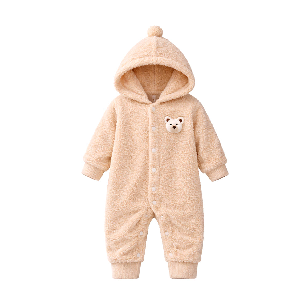 Beige Furry Teddy Full-Sleeve Jumpsuit Winter Romper