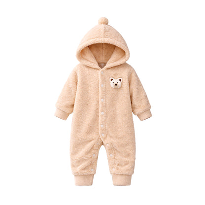 Beige Furry Teddy Full-Sleeve Jumpsuit Winter Romper