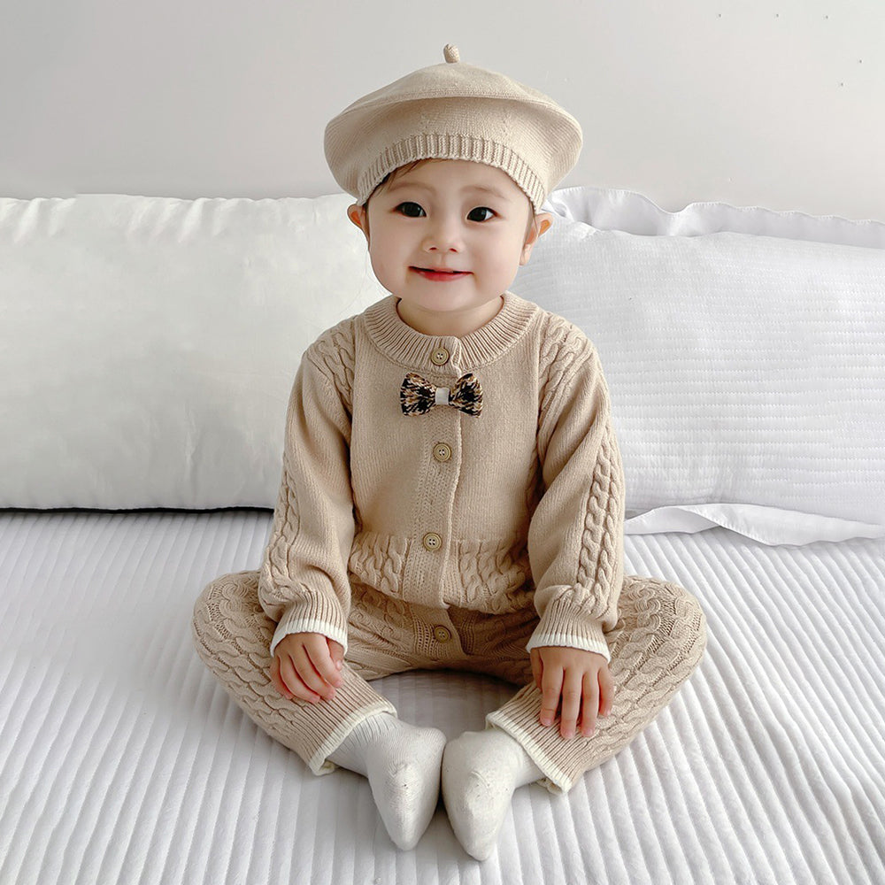 Beige Knitted Bow Full-Sleeve Jumpsuit Winter Romper with Cap