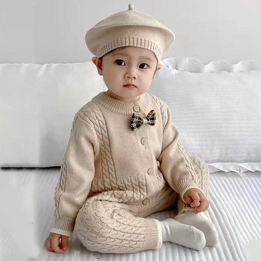Beige Knitted Bow Full-Sleeve Jumpsuit Winter Romper with Cap