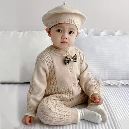 Beige Knitted Bow Full-Sleeve Jumpsuit Winter Romper with Cap