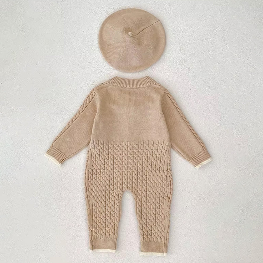 Beige Knitted Bow Full-Sleeve Jumpsuit Winter Romper with Cap