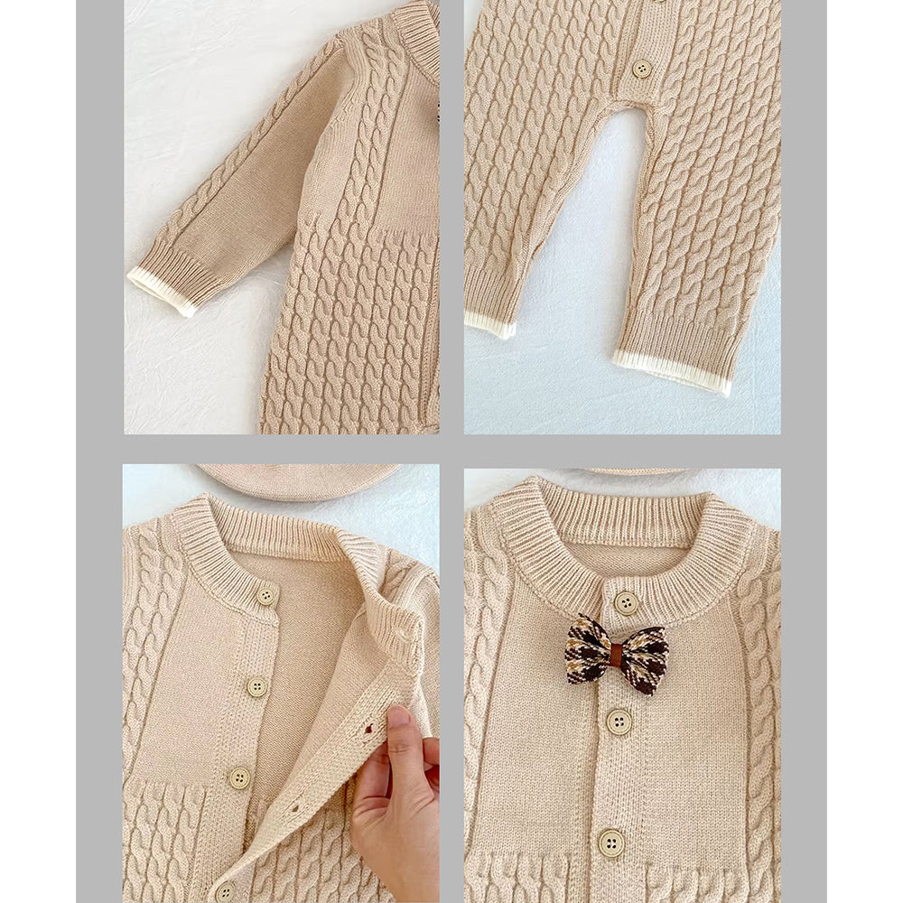Beige Knitted Bow Full-Sleeve Jumpsuit Winter Romper with Cap