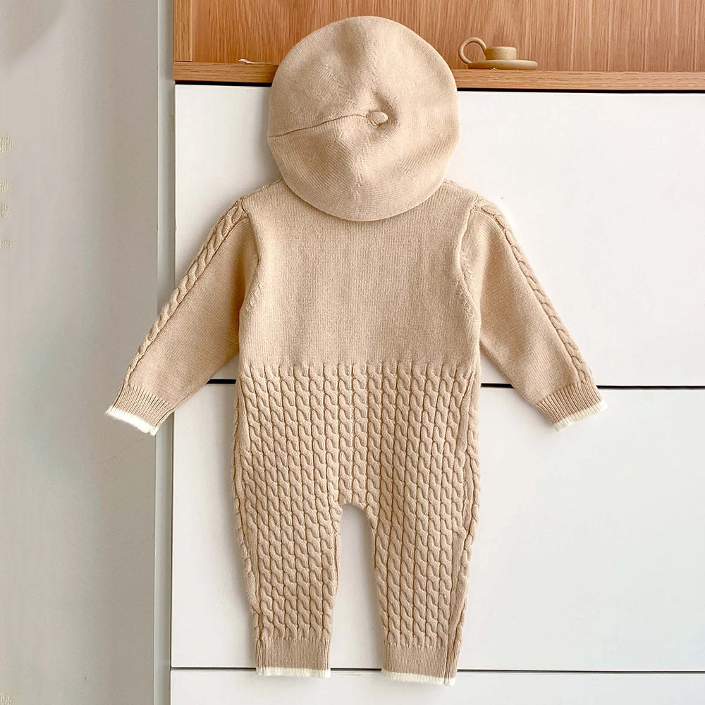 Beige Knitted Bow Full-Sleeve Jumpsuit Winter Romper with Cap