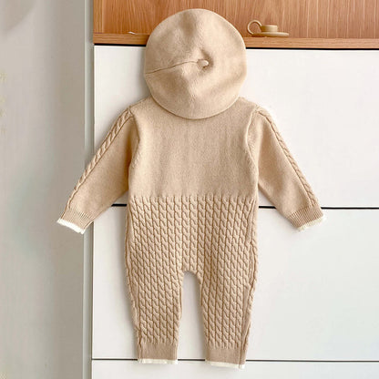 Beige Knitted Bow Full-Sleeve Jumpsuit Winter Romper with Cap