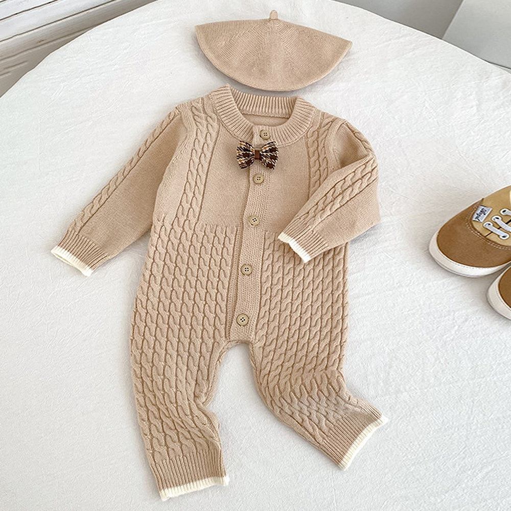 Beige Knitted Bow Full-Sleeve Jumpsuit Winter Romper with Cap