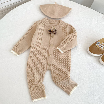 Beige Knitted Bow Full-Sleeve Jumpsuit Winter Romper with Cap