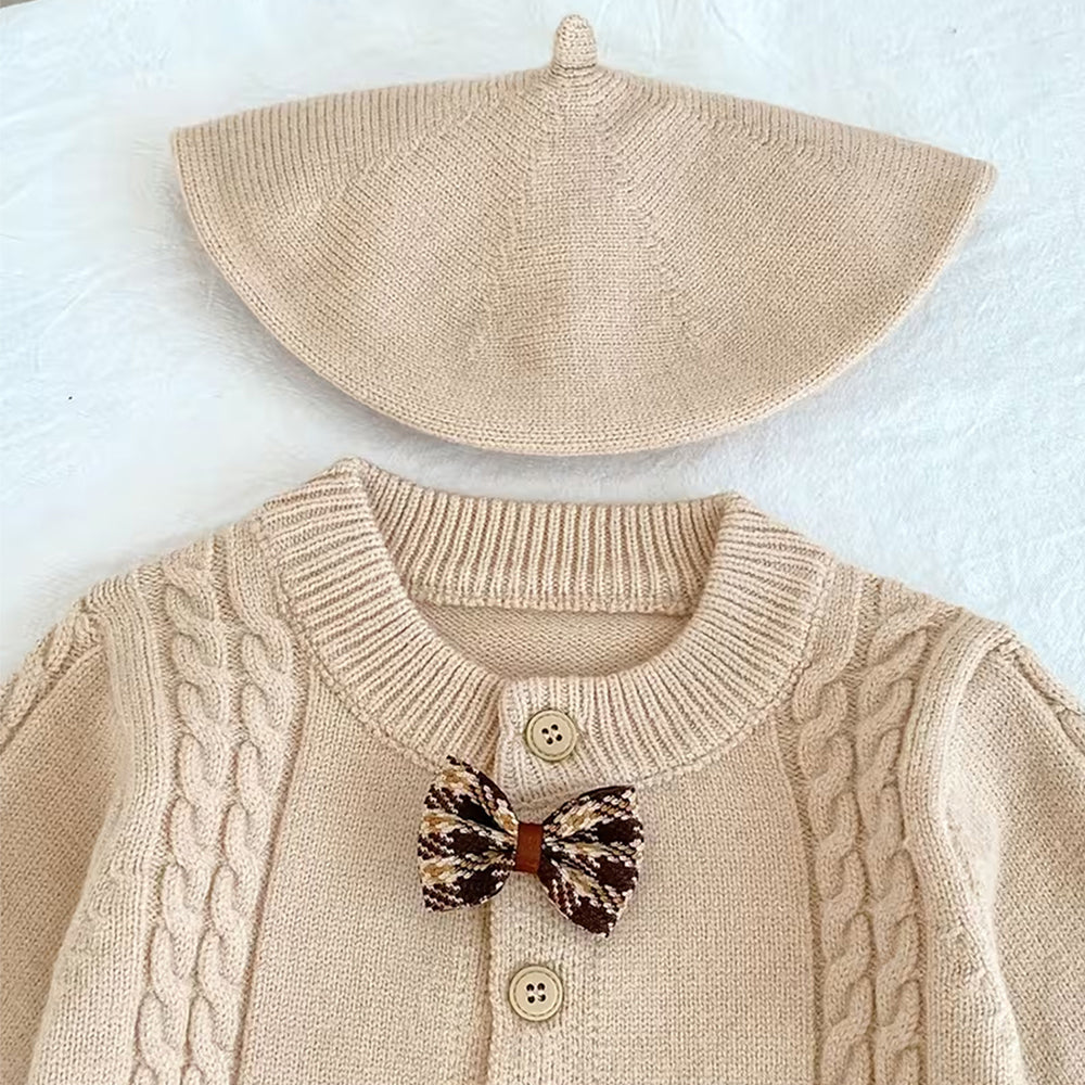 Beige Knitted Bow Full-Sleeve Jumpsuit Winter Romper with Cap
