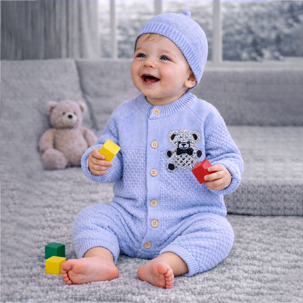 Blue Diamond Teddy Full-Sleeve Jumpsuit Winter Romper with Cap