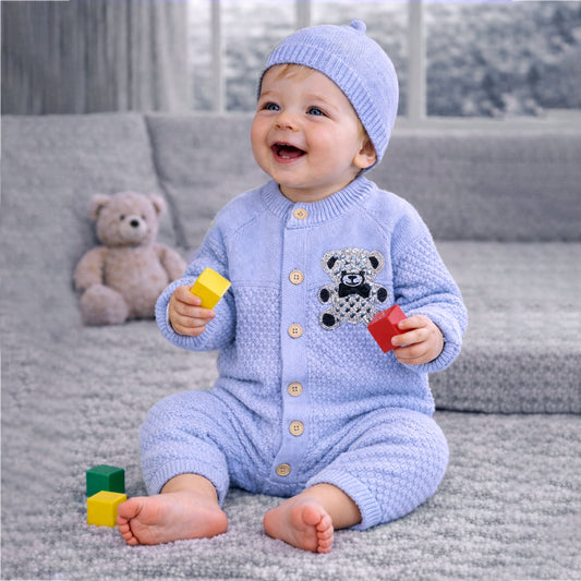 Blue Diamond Teddy Full-Sleeve Jumpsuit Winter Romper with Cap