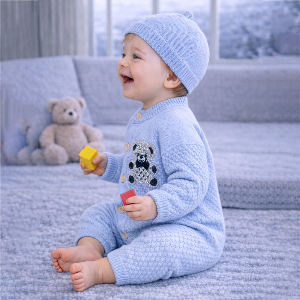 Blue Diamond Teddy Full-Sleeve Jumpsuit Winter Romper with Cap