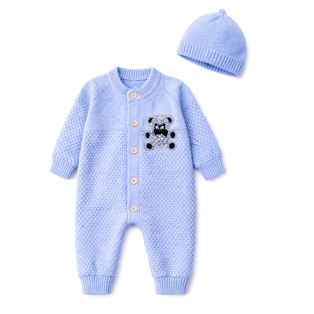 Blue Diamond Teddy Full-Sleeve Jumpsuit Winter Romper with Cap