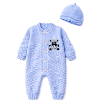 Blue Diamond Teddy Full-Sleeve Jumpsuit Winter Romper with Cap