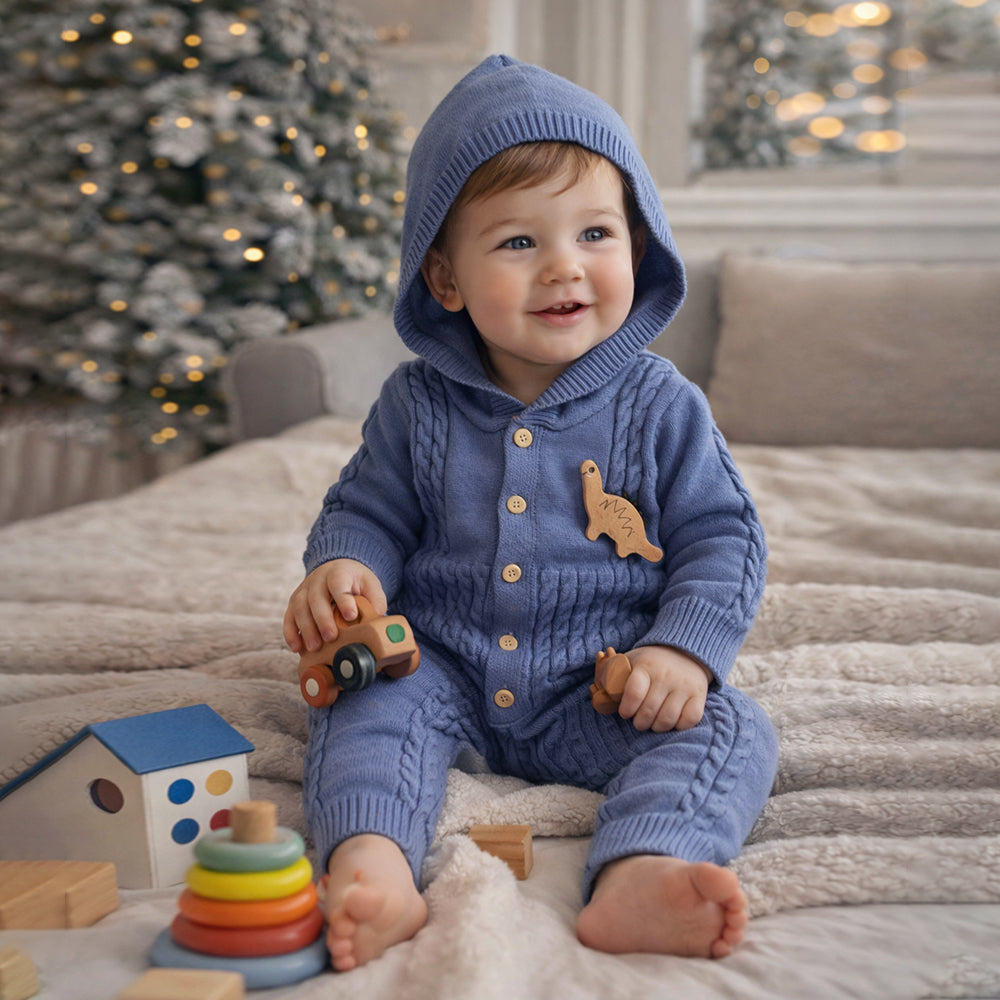 Blue Dino Full-Sleeve Jumpsuit Winter Romper
