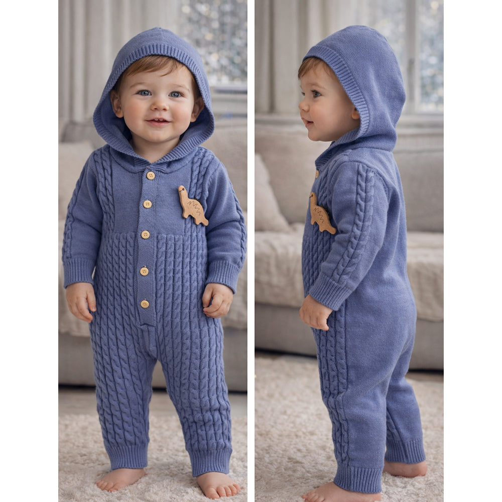 Blue Dino Full-Sleeve Jumpsuit Winter Romper