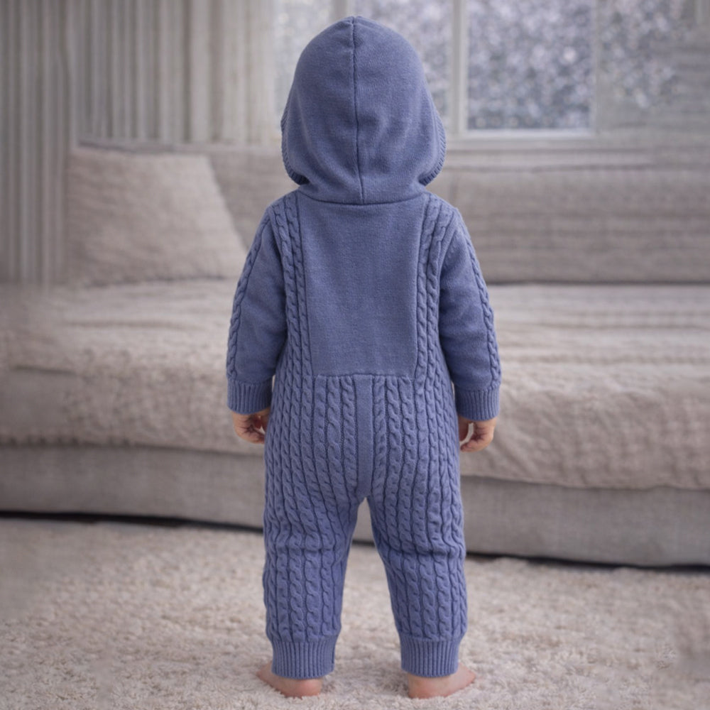 Blue Dino Full-Sleeve Jumpsuit Winter Romper