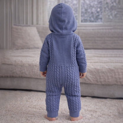 Blue Dino Full-Sleeve Jumpsuit Winter Romper