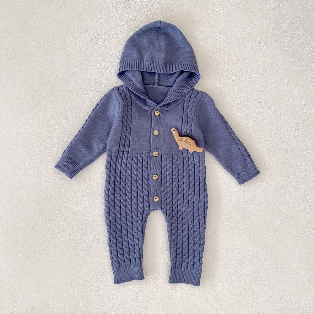Blue Dino Full-Sleeve Jumpsuit Winter Romper
