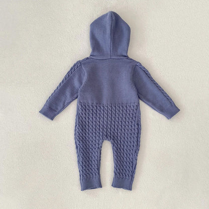 Blue Dino Full-Sleeve Jumpsuit Winter Romper