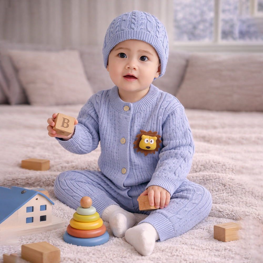 Blue Lion Face Full-Sleeve Jumpsuit Romper with Cap