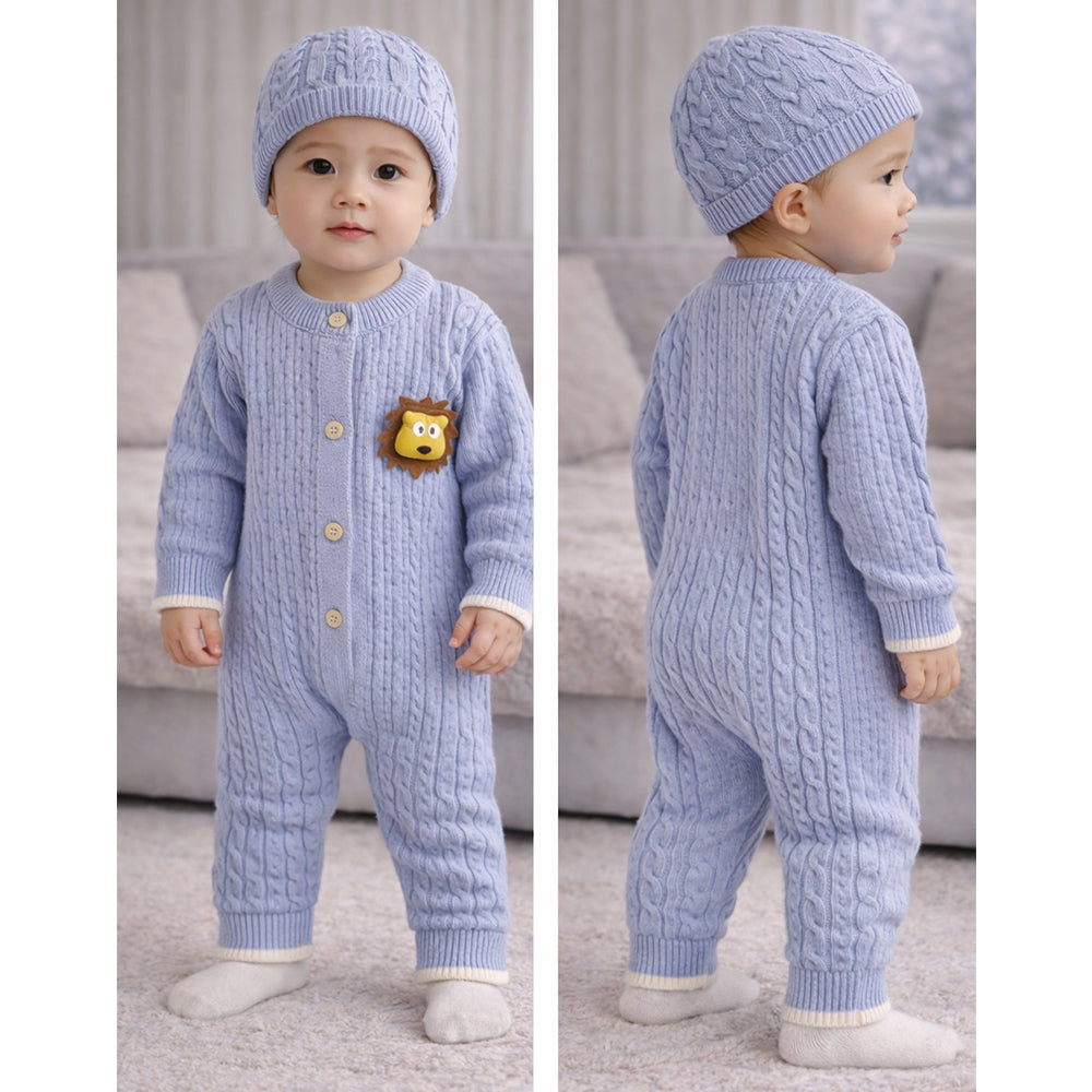 Blue Lion Face Full-Sleeve Jumpsuit Romper with Cap