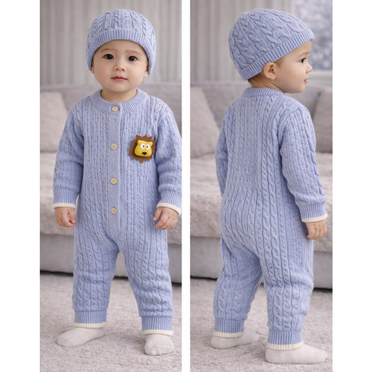 Blue Lion Face Full-Sleeve Jumpsuit Romper with Cap