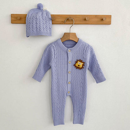 Blue Lion Face Full-Sleeve Jumpsuit Romper with Cap