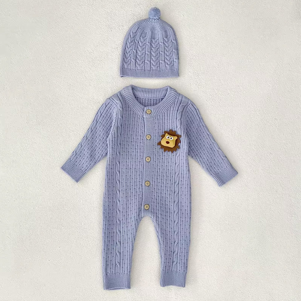 Blue Lion Face Full-Sleeve Jumpsuit Romper with Cap