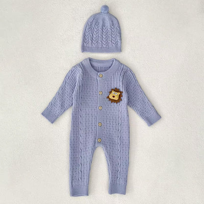 Blue Lion Face Full-Sleeve Jumpsuit Romper with Cap