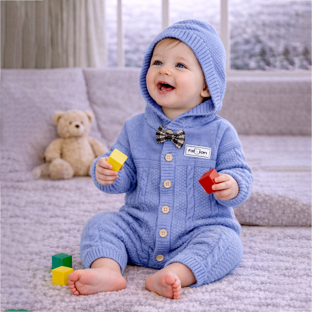 Blue Bow Patterned knit Full-Sleeve Jumpsuit Romper
