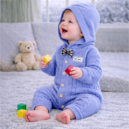 Blue Bow Patterned knit Full-Sleeve Jumpsuit Romper