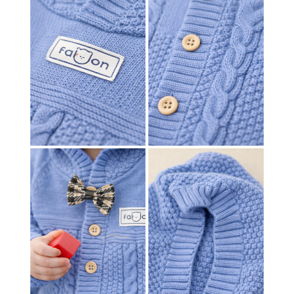 Blue Bow Patterned knit Full-Sleeve Jumpsuit Romper