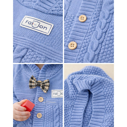 Blue Bow Patterned knit Full-Sleeve Jumpsuit Romper