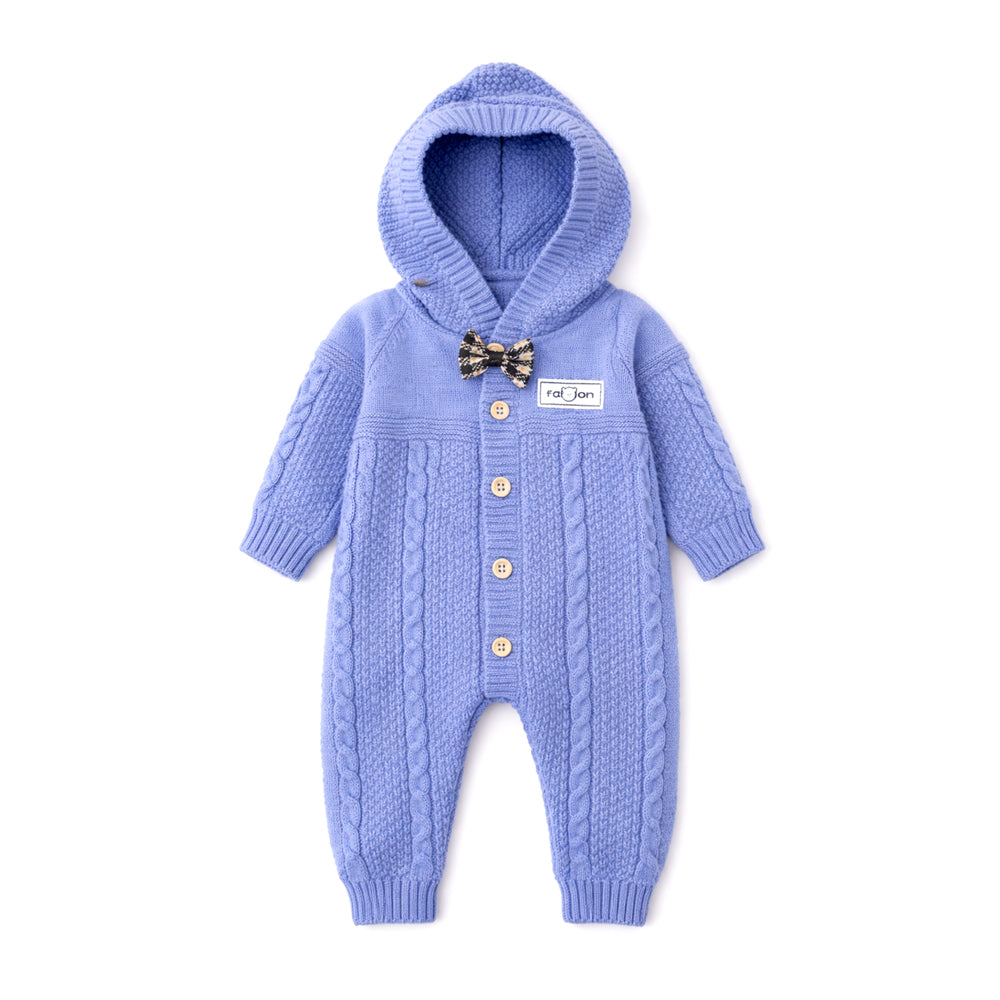 Blue Bow Patterned knit Full-Sleeve Jumpsuit Romper