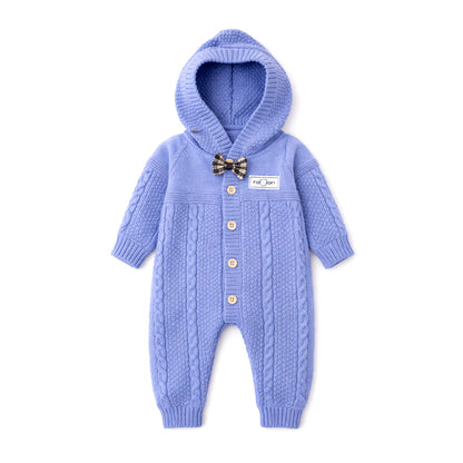 Blue Bow Patterned knit Full-Sleeve Jumpsuit Romper