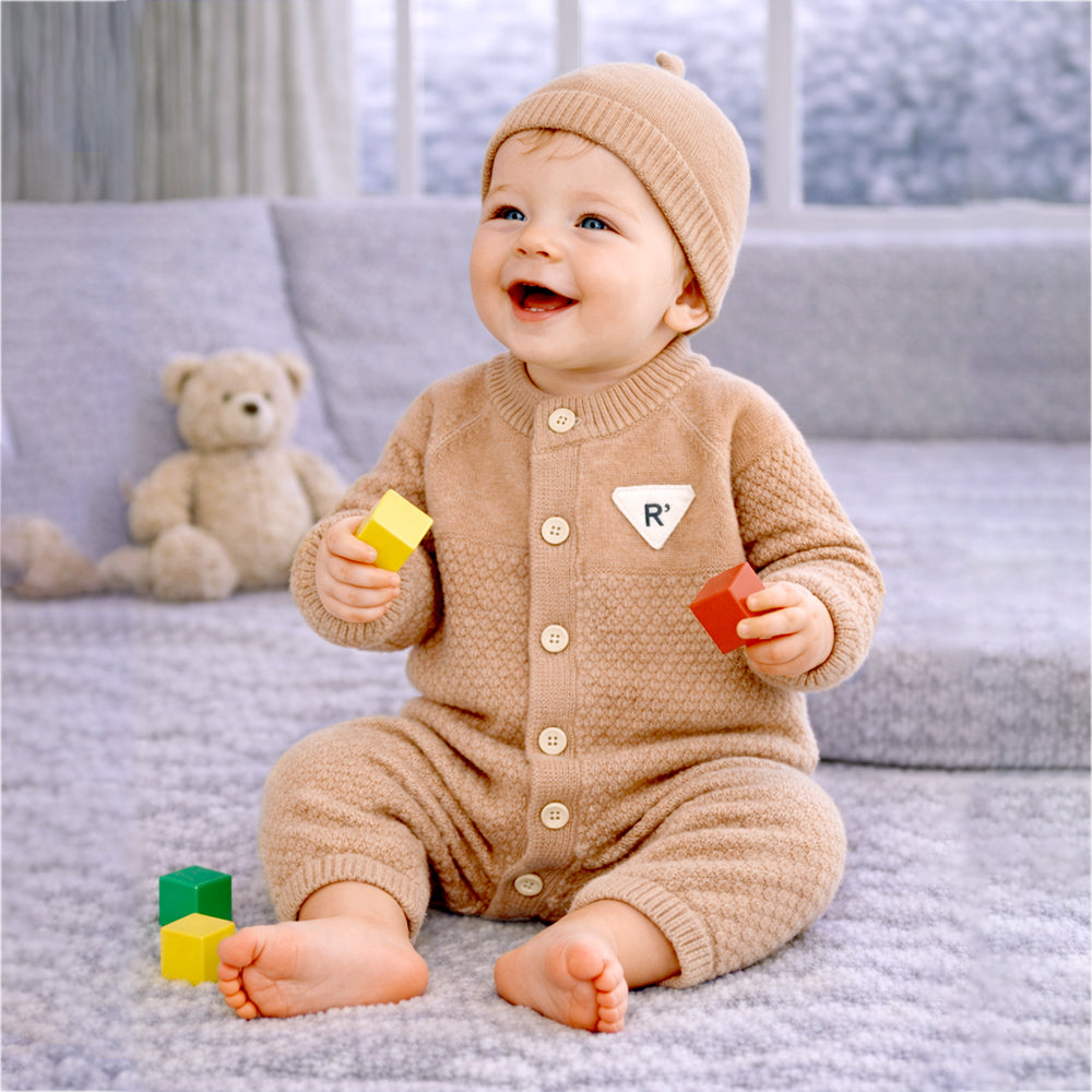 Brown Knitted Full-Sleeve Jumpsuit Romper with Cap