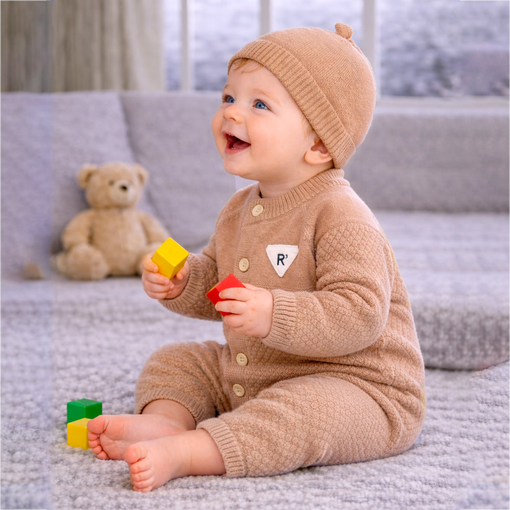 Brown Knitted Full-Sleeve Jumpsuit Romper with Cap