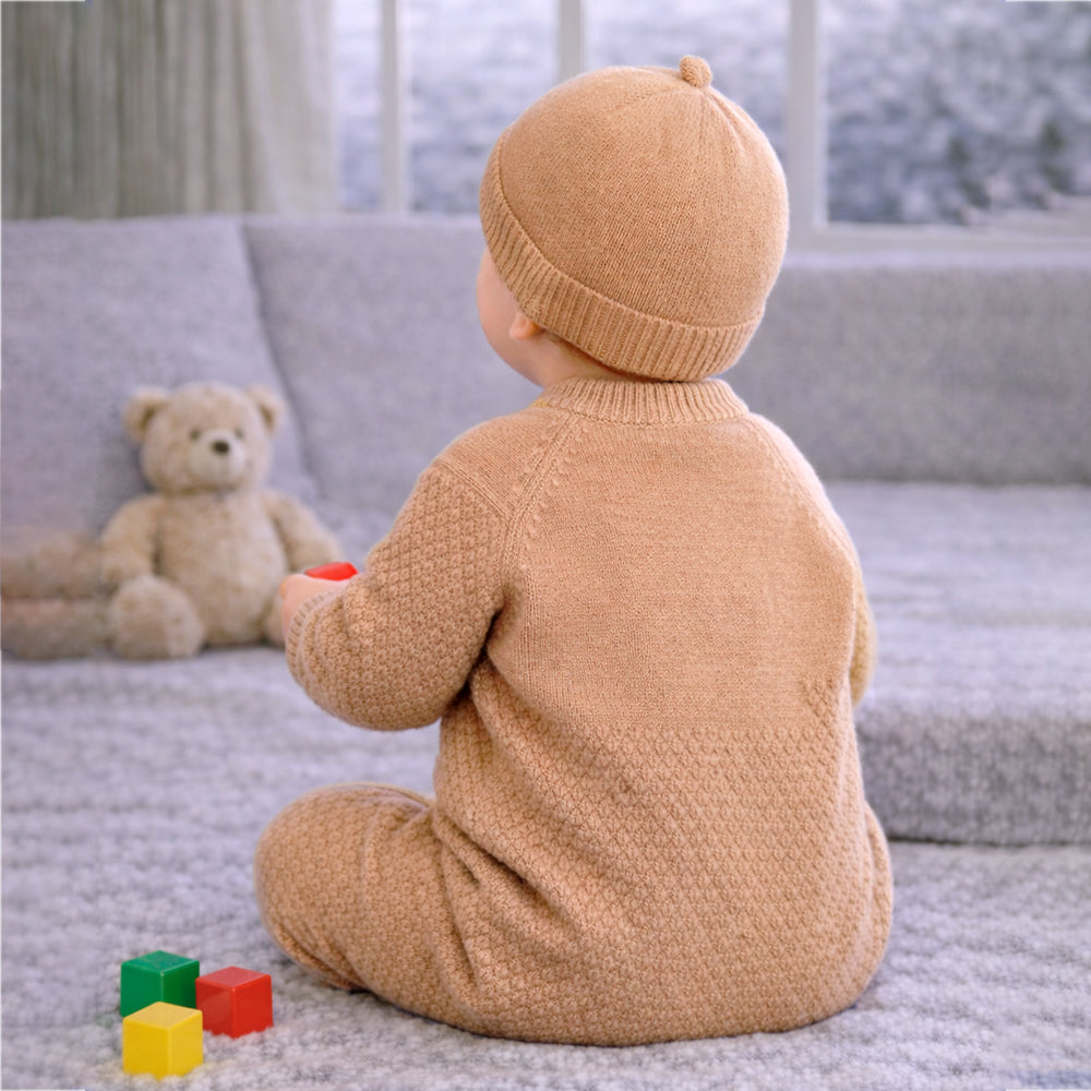 Brown Knitted Full-Sleeve Jumpsuit Romper with Cap