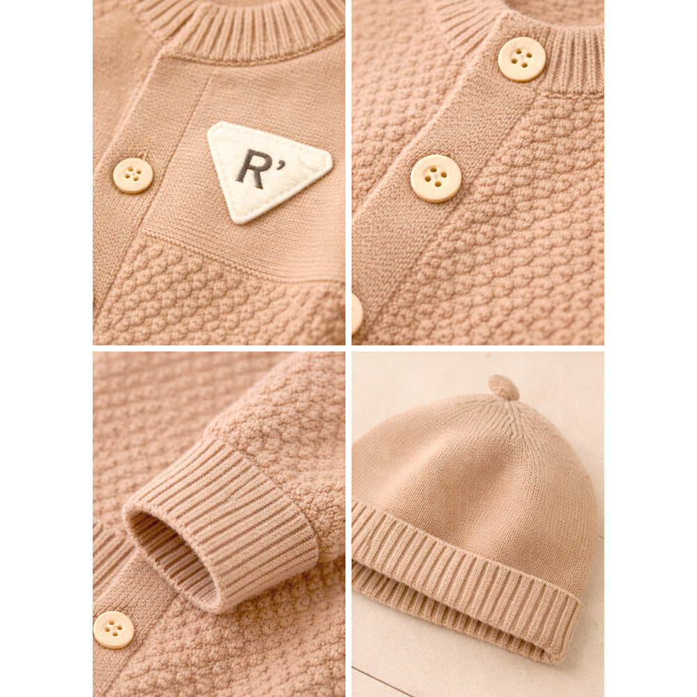Brown Knitted Full-Sleeve Jumpsuit Romper with Cap